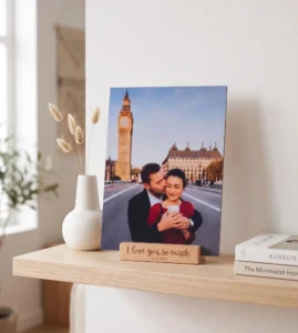 Personalised Metal Photo Print with Laser Engraved Wooden Base