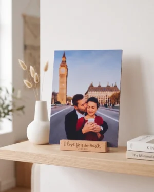 Personalised Metal Photo Print with Laser Engraved Wooden Base